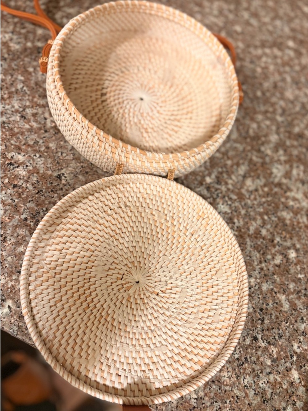 Bali 8” diameter Cream Woven Round Mini Bag with Brown leather Strap - Picture 6 of 6